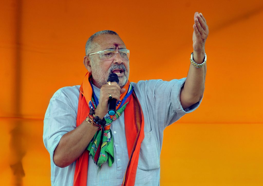 Deoghar: Union Minister and BJP senior leader Giriraj Singh speaks during a campaign for party's candidate from Godda constituency, Nishikant Dubey, during an election rally ahead of the last phase of the Lok Sabha polls, in Deoghar district, Monday, May 13, 2019. (PTI Photo)(PTI5_13_2019_000101B)