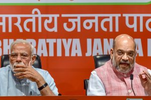 New Delhi: Prime Minister Narendra Modi with BJP President Amit Shah during a press conference at the party headquarter in New Delhi, Friday, May 17, 2019. (PTI Photo/Manvender Vashist) (PTI5_17_2019_000094B)