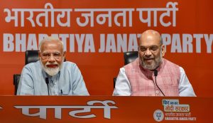 New Delhi: Prime Minister Narendra Modi with BJP President Amit Shah during a press conference at the party headquarter in New Delhi, Friday, May 17, 2019. (PTI Photo/Manvender Vashist) (PTI5_17_2019_000094B)