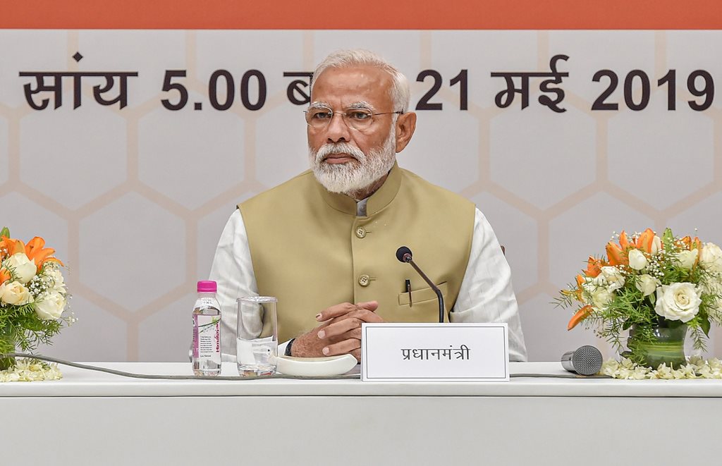 New Delhi: Prime Minister Narendra Modi during a 'thanksgiving' meeting with the Union council of ministers at BJP headquarters, in New Delhi, Tuesday, May 21, 2019, two days ahead of Lok Sabha polls results. (PTI Photo/Manvender Vashist) (PTI5_21_2019_000121B)