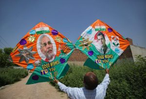 Amritsar: A kitemaker displays customised kites made ahead of the Lok Sabha elections results 2019, in Amritsar, Wednesday, May 22, 2019. (PTI Photo) (PTI5_22_2019_000072B)