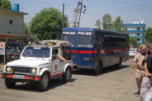 Pathankot: A police bus carrying all the accused involved in the rape and murder of a nomadic minor girl in Jammu and Kashmir's Kathua, arrives at the Judicial Courts Complex for the verdict, in Pathankot, Monday, June 10, 2019. (PTI Photo)(PTI6_10_2019_000034B)