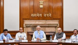 New Delhi: Prime Minister Narendra Modi with Union Ministers Nitin Gadkari, Rajnath Singh, Amit Shah and others during the first cabinet meeting, at the Prime Minister’s Office, in South Block, New Delhi, May 31, 2019. (PTI Photo)(PTI5_31_2019_000248B)