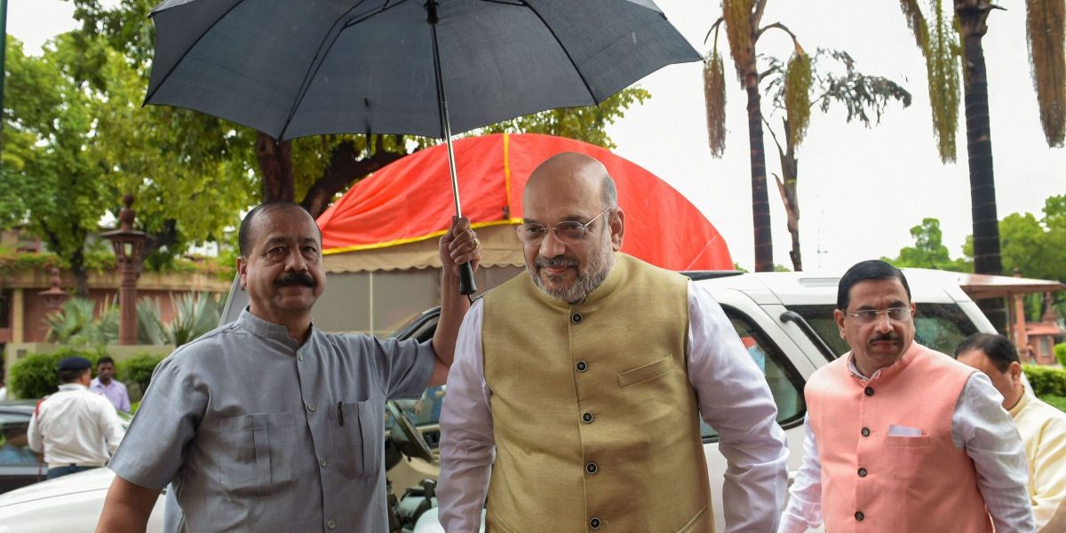 Home minister Amit Shah outside parliament. Image: PTI