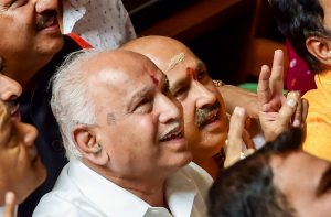 Bengaluru: BJP State President BS Yeddyurappa with his party MLAs show victory sign after HD Kumaraswamy lost the vote of confidence at Vidhana Soudha, in Bengaluru, Tuesday, July 23, 2019. Kumaraswamy lost trust vote 99-105. (PTI Photo/Shailendra Bhojak)(PTI7_23_2019_000223B)