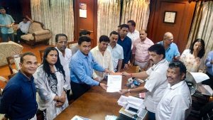 Panaji: Ten of 15 Congress members led by leader of opposition Chandrakant Kavlekar gives letter for merger of their faction in BJP to Speaker Rajesh Patnekar, in Panaji, Wednesday, July 10, 2019. (PTI Photo) (PTI7_10_2019_000233B)