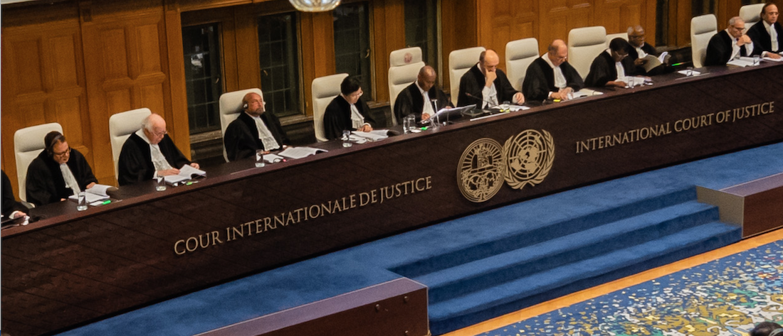 A view of the full bench of the International Court of Justice as the verdict is delivered in the Kulbhushan Jadhav case at The Hague on Wednesday, July 17. Photo: ICJ