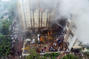 Mumbai: Fire fighters douse a fire that broke out at MTNL office building at Bandra, in Mumbai, Monday, July 22, 2019. (PTI Photo) (PTI7_22_2019_000149B)