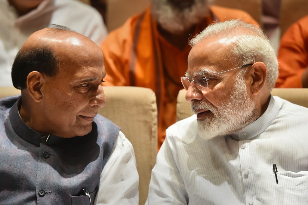 New Delhi: Prime Minister Narendra Modi and Defence Minister Rajnath Singh during the BJP parliamentary party meeting, in New Delhi, Tuesday, July 9, 2019. (PTI Photo/Arun Sharma)(PTI7_9_2019_000001B)