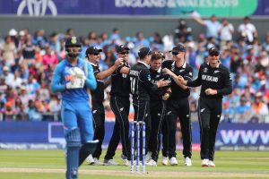 Manchester: New Zealand's Matt Henry, center without cap, celebrates with teammates the dismissal of India's K.L. Rahul, left, during the Cricket World Cup semi-final match between India and New Zealand at Old Trafford in Manchester, England, Wednesday, July 10, 2019. AP/PTI(AP7_10_2019_000126B)