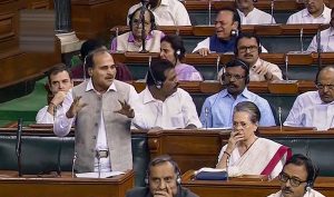 New Delhi: Congress MP Adhir Ranjan Chowdhury speaks in the Lok Sabha during the ongoing Budget Session of Parliament, in New Delhi, Tuesday, Aug 6, 2019. (LSTV/PTI Photo) (PTI8_6_2019_000020B)