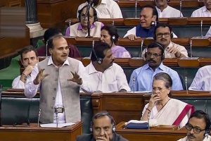 New Delhi: Congress MP Adhir Ranjan Chowdhury speaks in the Lok Sabha during the ongoing Budget Session of Parliament, in New Delhi, Tuesday, Aug 6, 2019. (LSTV/PTI Photo) (PTI8_6_2019_000020B)