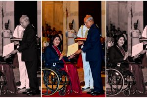 New Delhi: President Ram Nath Kovind confers Rajiv Gandhi Khel Ratna award upon Paralympic silver-medallist Deepa Malik, at Rashtrapati Bhawan in New Delhi, Thursday, Aug 29, 2019. Malik is the first Indian woman para-athlete and the oldest to be conferred the award even as training commitments kept co-awardee Bajrang Punia away from the ceremony. (PTI Photo/Kamal Singh) (PTI8_29_2019_000077B)