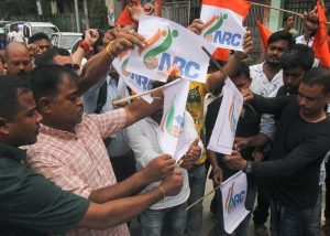 Guwahati: Hindu Yuba Chatra Parisad members protest against the release of NRC final draft, in Guwahati, Saturday, Aug 31, 2019. More than 19 lakh people have been left out and over 3.11 crore included in the final NRC list in Assam. (PTI Photo) (PTI8_31_2019_000062B)