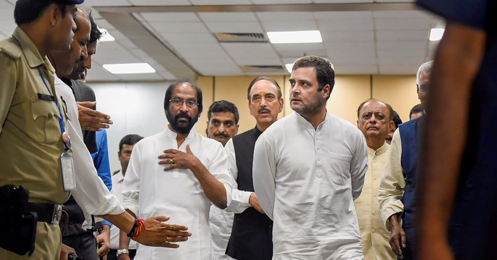 New Delhi: Congress leader Rahul Gandhi and Ghulam Nabi Azad return from Srinagar, at IGI airport in New Delhi, Saturday, Aug 24, 2019. A delegation of opposition leaders who visited Srinagar to assess the situation in the Kashmir Valley were sent back from the airport by J&K authorities. (PTI Photo/Ravi Choudhary)(PTI8_24_2019_000169B)