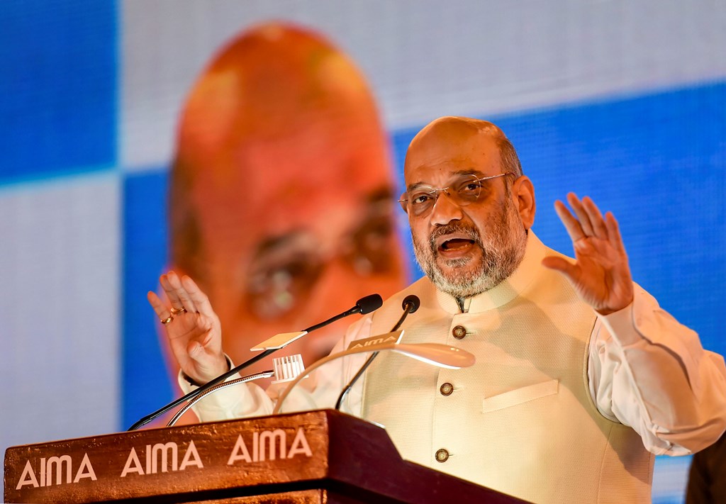 New Delhi: Home Minister Amit Shah addresses during the 46th National Management Convention of the All India Management Association (AIMA), in New Delhi, Tuesday, Sept. 17, 2019. (PTI Photo/Kamal Singh)(PTI9_17_2019_000034B)