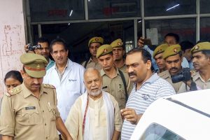 Shahjahanpur: Former Union minister Swami Chinmayanand, accused of rape by a law student, is seen outside a government hospital after a medical examination following his arrest by a special team of Uttar Pradesh police, in Shahjahanpur, Friday, Sept. 20, 2019. (PTI Photo) (PTI9_20_2019_000010B)