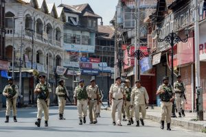 Srinagar: Security personnel patrol a deserted street on the 33rd day of strike and restrictions imposed after the abrogration of Article of 370 and bifurcation of state, in Srinagar, Friday, Sept. 6, 2019. (PTI Photo) (PTI9_6_2019_000062B)