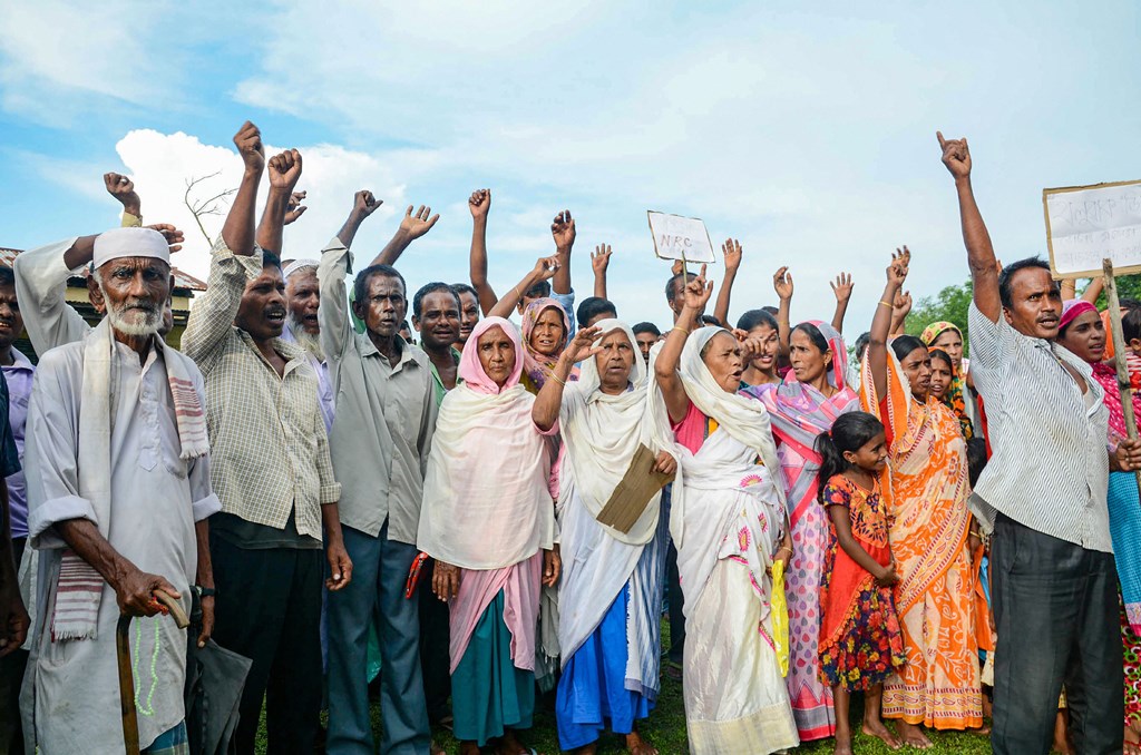 Baska: Villagers of Gorbheter and Bherveri, whose names are missing in the final list of National Register of Citizenship (NRC), stage a protest over non-inclusion of their names, at Gorbeter in Baska district of Assam, Monday, September 2, 2019. (PTI Photo) (PTI9_2_2019_000101B)