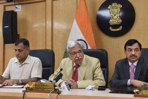 New Delhi: Chief Election Commissioner Sunil Arora flanked by Election Commissioners Ashok Lavasa (L) and Sunil Chandra during a press conference regarding Maharashtra and Haryana Assembly Elections, at Election Commission in New Delhi, Saturday, Sept. 21, 2019. (PTI Photo/Shahbaz Khan) (PTI9_21_2019_000021B)