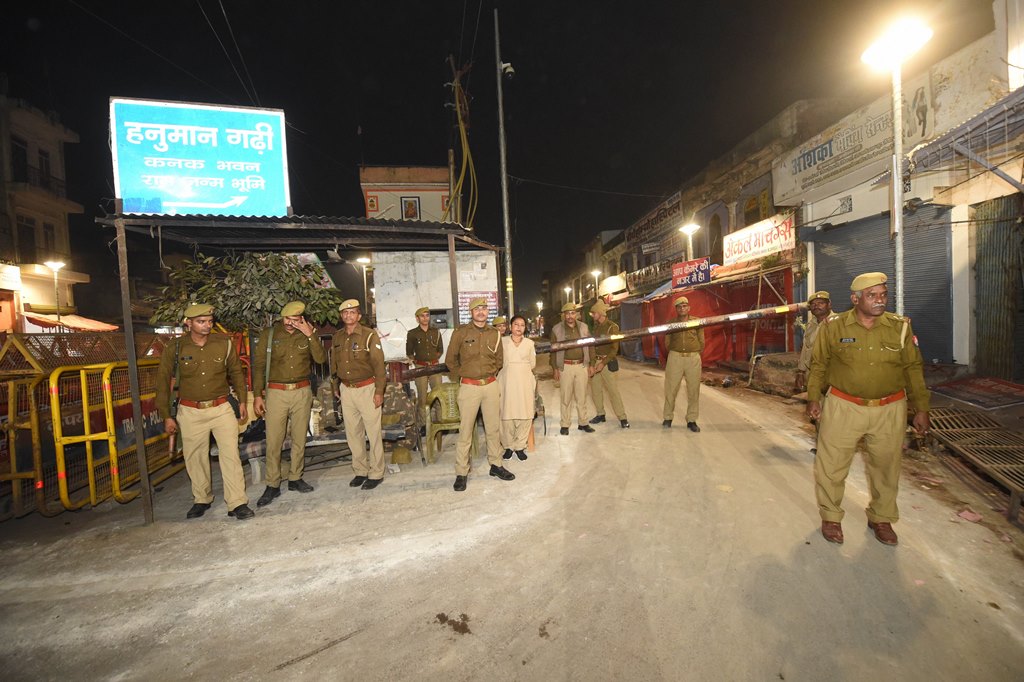 Ayodhya: Police personnel near the site of disputed Ram Janambhoomi-Babri Masjid site, in Ayodhya, Friday, Nov. 8, 2019. The Supreme Court is scheduled to pronounce on Saturday, Nov. 9, 2019 its verdict in the politically sensitive case of Ram Janmbhoomi-Babri Masjid land dispute in Ayodhya. (PTI Photo/ Nand Kumar) (PTI11_8_2019_000249B)