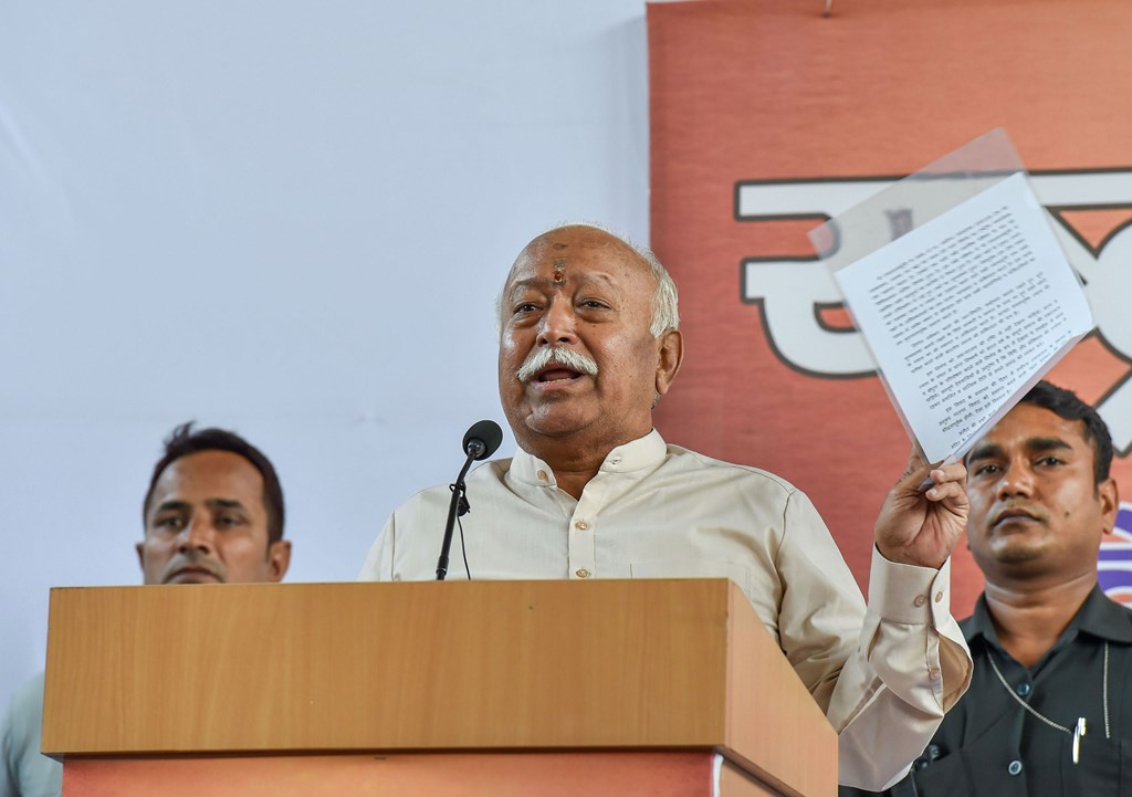 New Delhi: Rashtriya Swayamsevak Sangh (RSS) chief Mohan Bhagwat addresses after the Supreme Court pronounces its verdict on Ayodhya land case, in New Delhi, Saturday, Nov. 9, 2019. The apex court on Saturday cleared the way for the construction of a Ram Temple at the disputed site at Ayodhya, and directed the Centre to allot a 5-acre plot to the Sunni Waqf Board for building a mosque. (PTI Photo/Manvender Vashist) (PTI11_9_2019_000131B)(PTI11_9_2019_000135B)