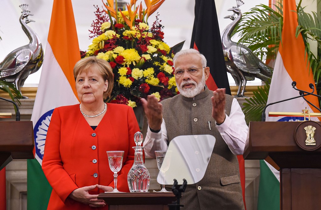 New Delhi:  Prime Minister Narendra Modi and German chancellor Angela Merkel during their joint press conference at Hyderabad House in New Delhi, Friday, Nov. 1, 2019. (PTI Photo/Atul Yadav)  (PTI11_1_2019_000105B)