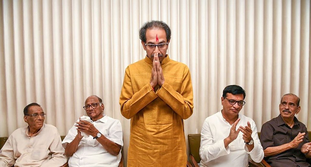 Mumbai: Shiv Sena President Uddhav Thackeray gestures after he was chosen as the nominee for Maharashtra chief minister's post by Shiv Sena-NCP-Congress alliance, during a meeting in Mumbai, Tuesday, Nov. 26, 2019. NCP chief Sharad Pawar and other leaders are also seen. (PTI Photo)  (PTI11_26_2019_000222B)