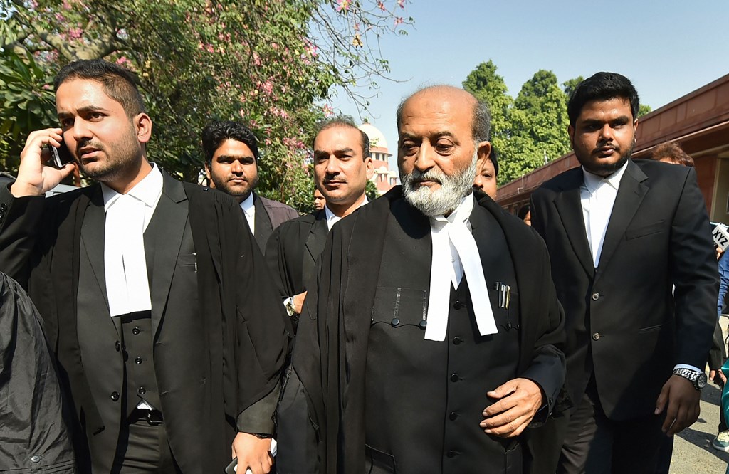 New Delhi: Sunni Waqf Board lawyer Zafaryab Jilani along with other advocates comes out of the Supreme Court after the Ayodhya case verdict, in New Delhi, Saturday, Nov. 9, 2019. (PTI Photo/Arun Sharma) (PTI11_9_2019_000065B) *** Local Caption ***