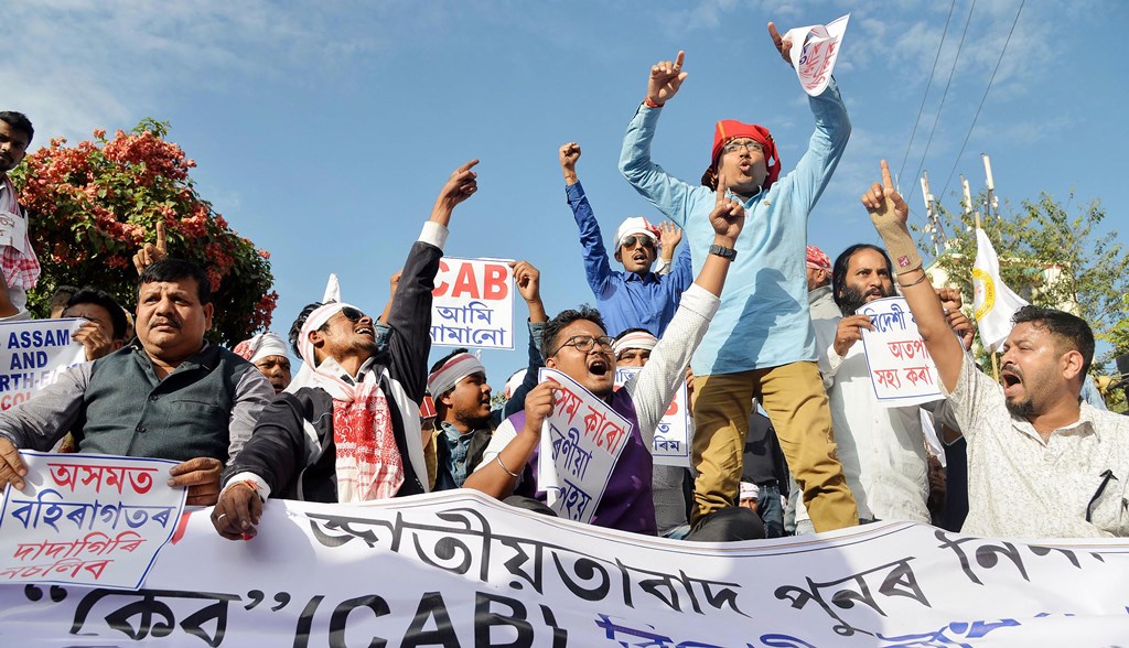 Guwahati: Activists from the Veer Lachit Sena, Assam shout slogans as they protest against Citizenship Amendment Bill, in Guwahati, Saturday, Dec. 7, 2019. (PTI Photo) (PTI12_7_2019_000081B)