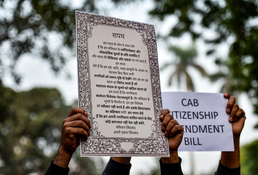 New Delhi: People from various organisations stage a protest against Citizenship Amendment Bill (CAB) at Jantar Mantar, in New Delhi, Tuesday, Dec. 10, 2019. The Bill seeks to grant Indian citizenship to non-Muslim refugees, who escaped religious persecution in Pakistan, Bangladesh and Afghanistan. The legislation was passed in the Lower House of the Parliament. (PTI Photo/Ravi Choudhary)(PTI12_10_2019_000213B)
