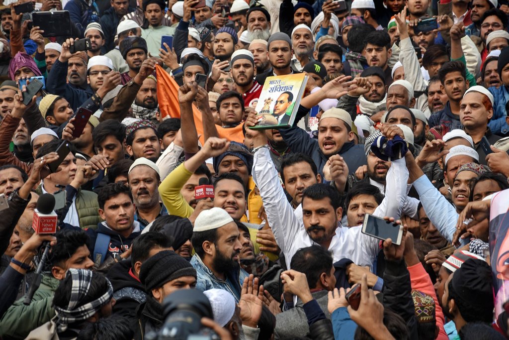 New Delhi: Bhim Army chief Chandrashekhar Azad and others hold a demonstration against the Citizenship Amendment Act (CAA) at Jama Masjid after the Friday prayers, in New Delhi, Dec. 20, 2019. (PTI Photo) (PTI12_20_2019_000083B)