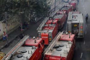 New Delhi: Fire tenders on their way to a factory at Rani Jhansi Road, where a major fire broke out, in New Delhi, Sunday morning, Dec. 8, 2019. Atleast 35 people were killed and several others injured in the mishap. (PTI Photo) (PTI12_8_2019_000011B)