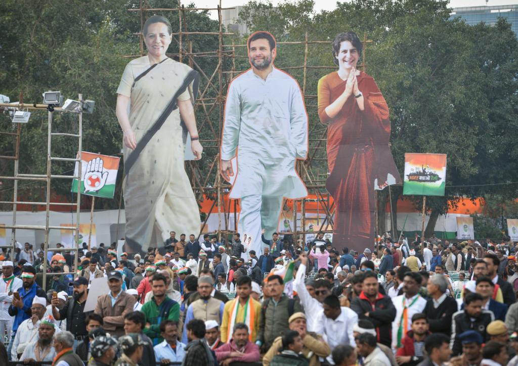Huge cut-outs of Congress President Sonia Gandhi, Rahul Gandhi and Priyanka Gandhi at the venue of the party's 'Bharat Bachao' rally at Ramlila Maidan in New Delhi on 14 december Saturday. (Photo | PTI)