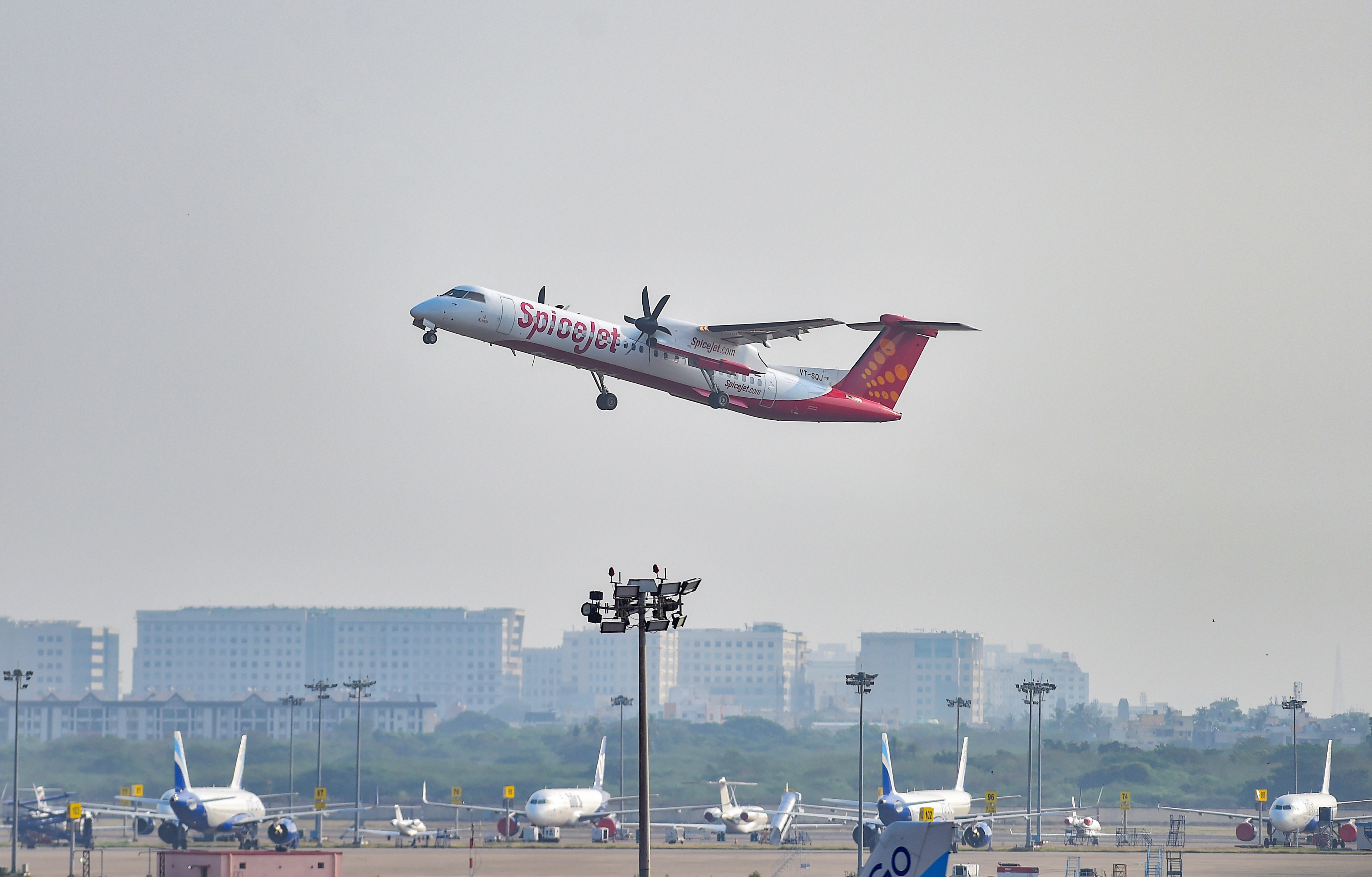 Chennai: A SpiceJet plane takes-off from Chennai airport for domestic travel, after flights resumed during the ongoing nationwide lockdown, in Chennai, Monday, May 25, 2020. All scheduled commercial passenger flights were suspended since March 25 when the government imposed a nationwide lockdown to curb the coronavirus pandemic. (PTI Photo/R Senthil Kumar)(PTI25-05-2020_000114B)