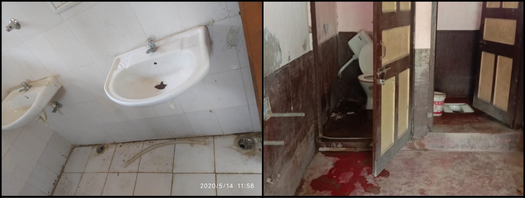 रोहतास (बाएं) और छपरा के क्वारंटीन सेंटर के शौचालय का हाल.