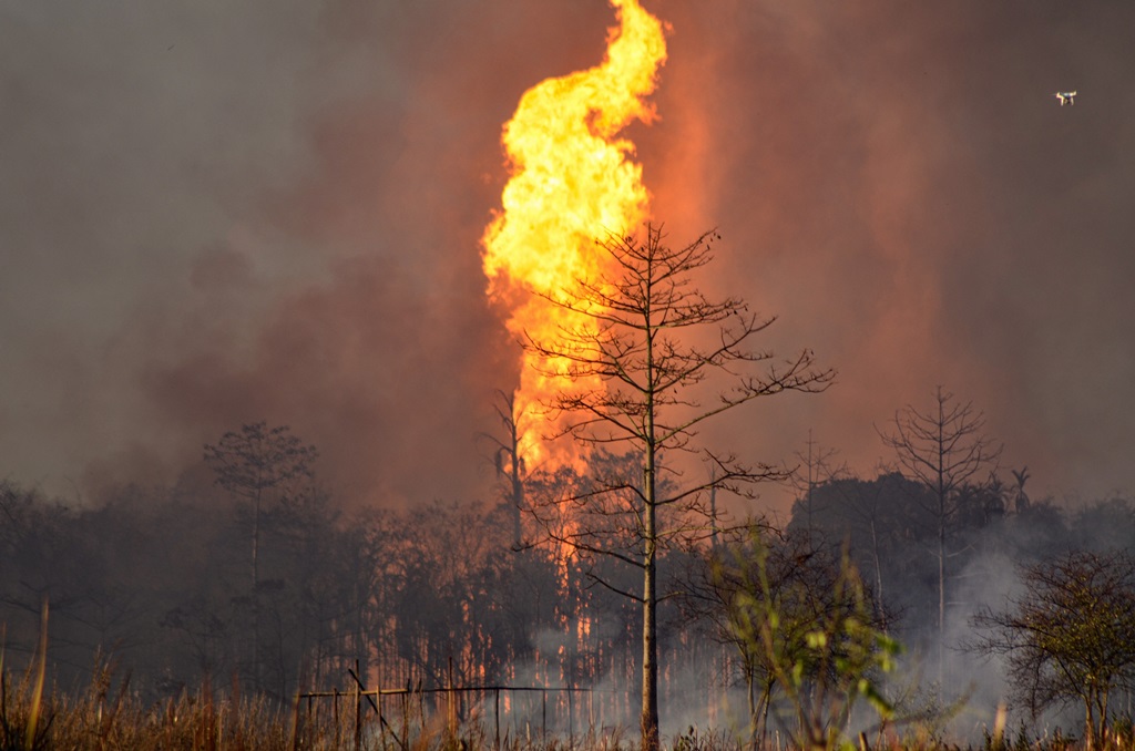 Tinsukia: Smoke billows from a fire at Baghjan oil field, a week after a blowout, in Tinsukia district, Tuesday, June 9, 2020. A team from Singapore was called to assess the reason of the blowout yesterday. (PTI Photo)(PTI09-06-2020_000234B)