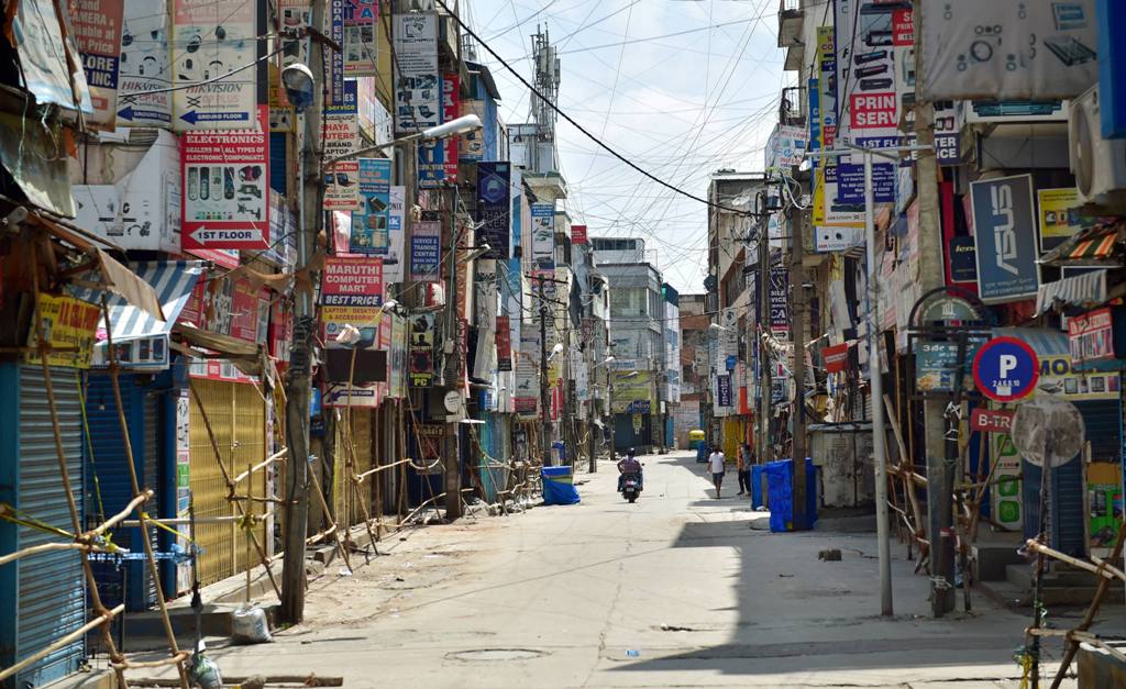 Bengaluru: Sadar Patrappa road wears a deserted look as the state government announced strict lockdown due to surge in COVID-19 cases in the area, in Bengaluru, Saturday, June 27, 2020. (PTI Photo/Shailendra Bhojak)(PTI27-06-2020 000191B)
