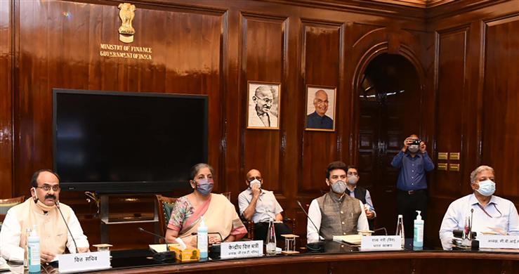 The Union Minister for Finance and Corporate Affairs, Smt. Nirmala Sitharaman chairing the 41st GST Council meeting via video conferencing, in New Delhi on August 27, 2020. The Minister of State for Finance and Corporate Affairs, Shri Anurag Singh Thakur and other dignitaries are also seen.