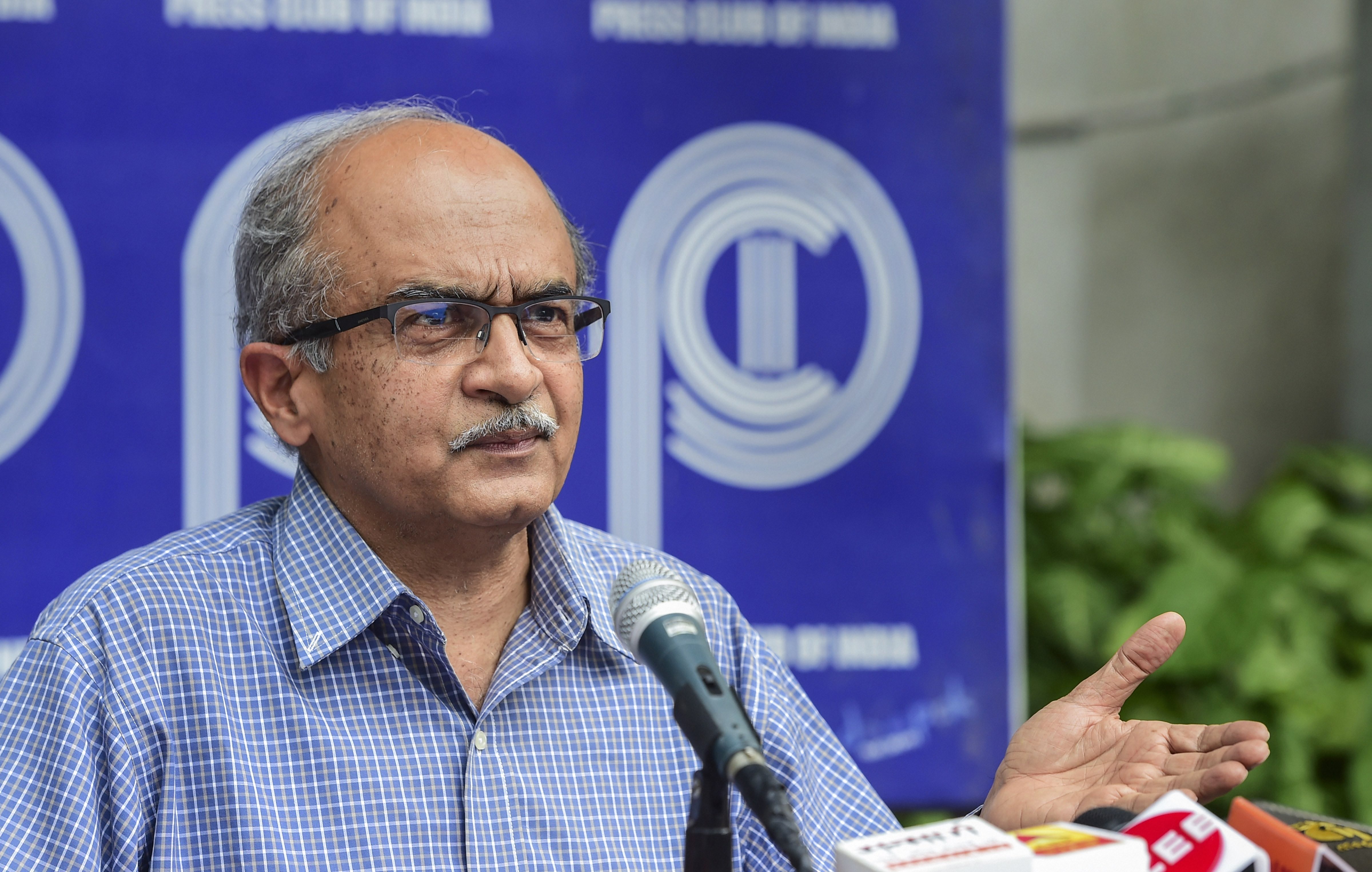 New Delhi: Activist-lawyer Prashant Bhushan addreses a press conference, after Supreme Court imposed a token fine of one rupee as punishment in a contempt case against him, in New Delhi, Monday, Aug. 31, 2020. (PTI Photo/Kamal Kishore)(PTI31-08-2020_000105B)