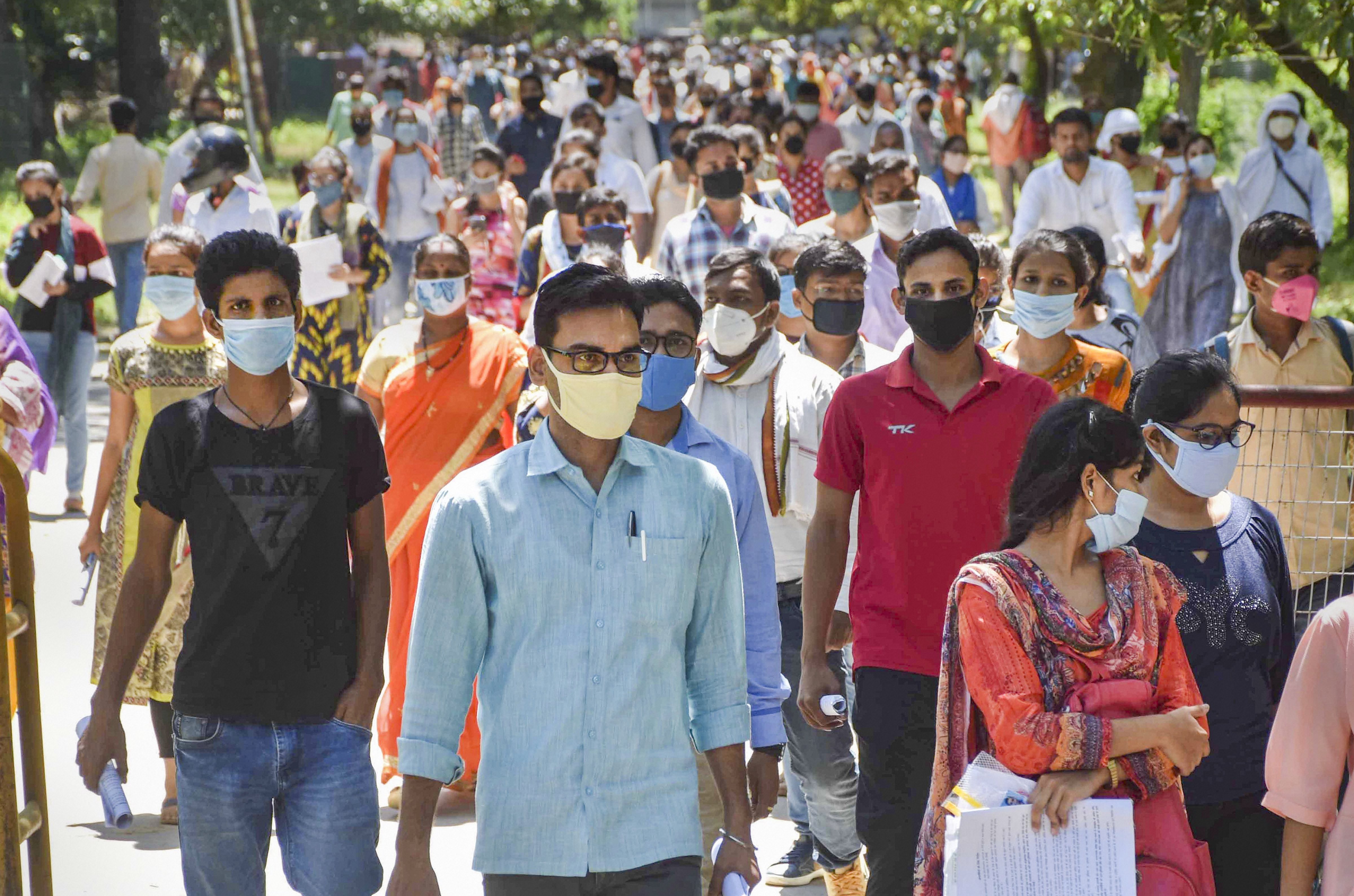 Varanasi: Students come out after appearing in the B.Ed entrance exam, at Banaras Hindu University in Varanasi, Sunday, Aug 30, 2020. (PTI Photo)(PTI30-08-2020_000045B)