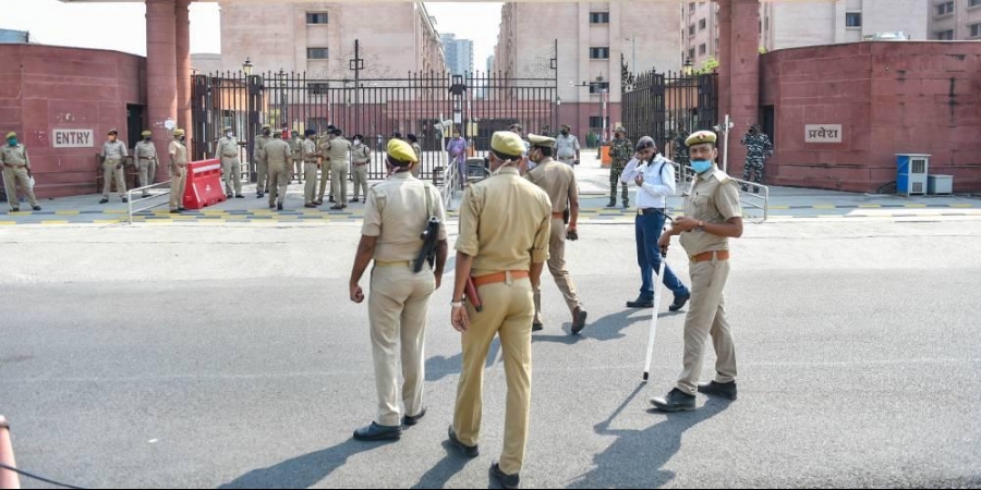 Tight security arrangements at the Allahabad High Court Lucknow Bench on October 12, 2020, where family members of the 19-year-old Dalit woman of Hathras district appeared in connection with the alleged gang rape case. Photo: PTI