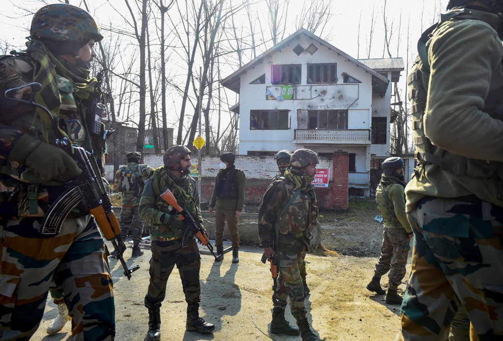 Srinagar: Security personnel leave after an encounter with militants, at Lawaypora on the outskirts of Srinagar, Wednesday, Dec. 30, 2020. Three militants were killed in the encounter. (PTI Photo/S. Irfan)(PTI30-12-2020 000131B)