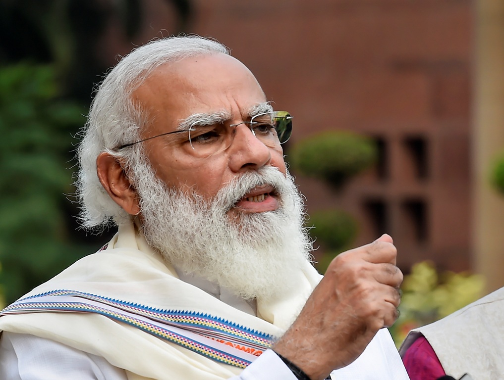 New Delhi: Prime Minister Narendra Modi addresses the media before commencement of the first day of Parliaments Monsoon Session, amid the ongoing coronavirus pandemic, at Parliament House in New Delhi, Monday, Sept. 14, 2020. (PTI Photo/Kamal Singh)(PTI14-09-2020 000025B)(PTI22-12-2020 000236B)