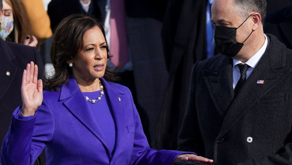 Kamala Harris is sworn in as U.S. Vice President as her spouse Doug Emhoff holds a bible during the inauguration of Joe Biden as the 46th President of the United States on the West Front of the U.S. Capitol in Washington, U.S., January 20, 2021 Photograph:( Reuters )
