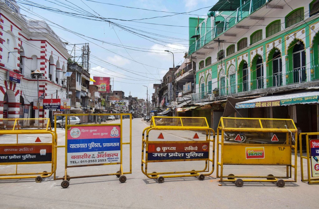 Allahabad: A closed road during the total lockdown announced by the State Government to curb the spread of COVID-19, in Allahabad, Sunday, July 12, 2020. (PTI Photo) (PTI12-07-2020 000106B)