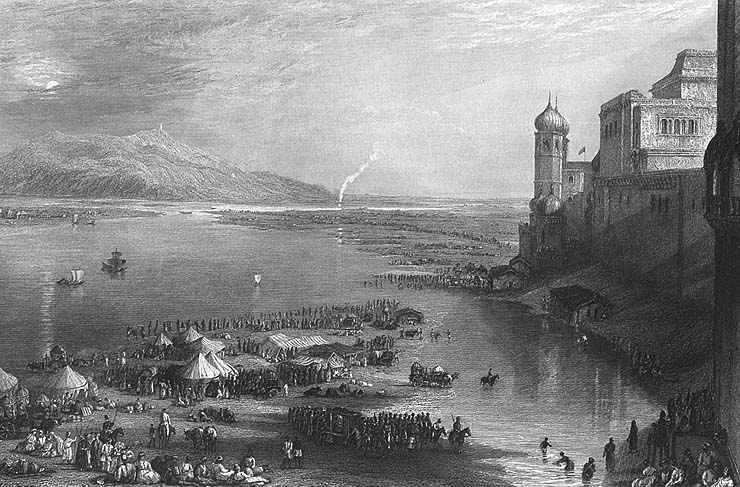 1844 में हरिद्वार का कुंभ मेला. (कृति: J.M.W. Turner, साभार: विकीमीडिया)
